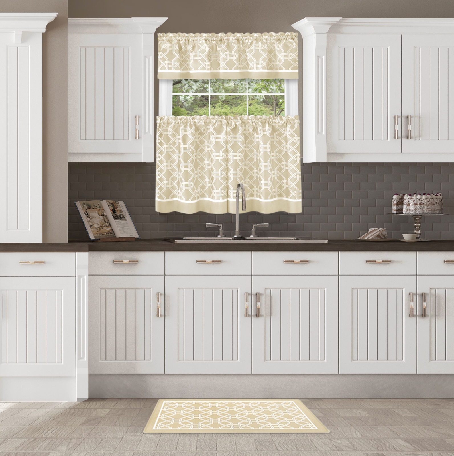 Two Tone Design Tier Panels and Valance Set with Eco-Friendly Floor Mat, Tan