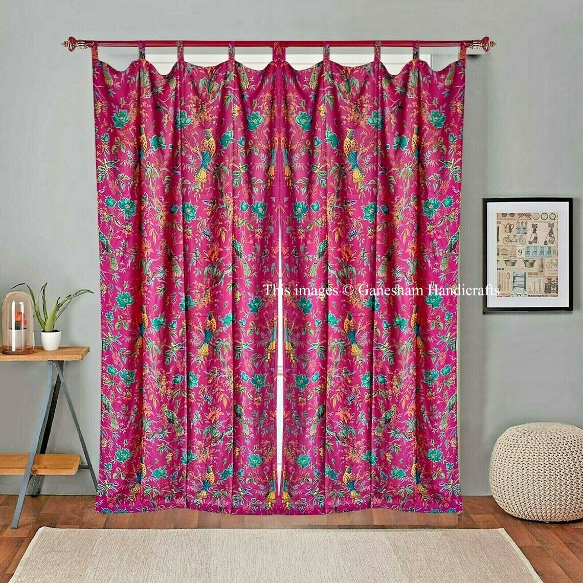 2 Pieces Indian Vintage Cotton Bird Print Boho Drapes Window Decor Curtains