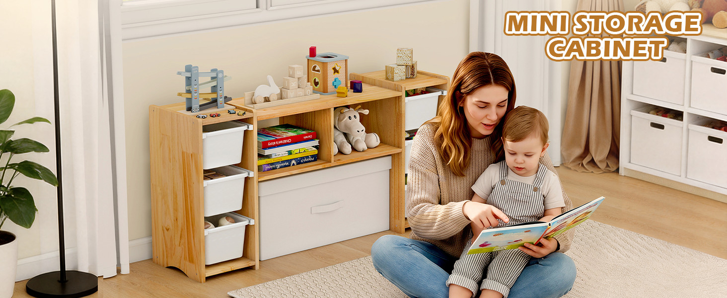 Montessori Shelf for Kids – 100% Solid Pine Wood with 6 Removable Plastic Bins,