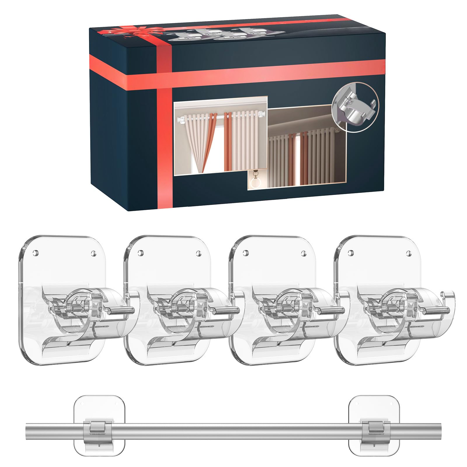 Adjustable No Drill Curtain Rod Holders, 2pcs, 20lb, Clear