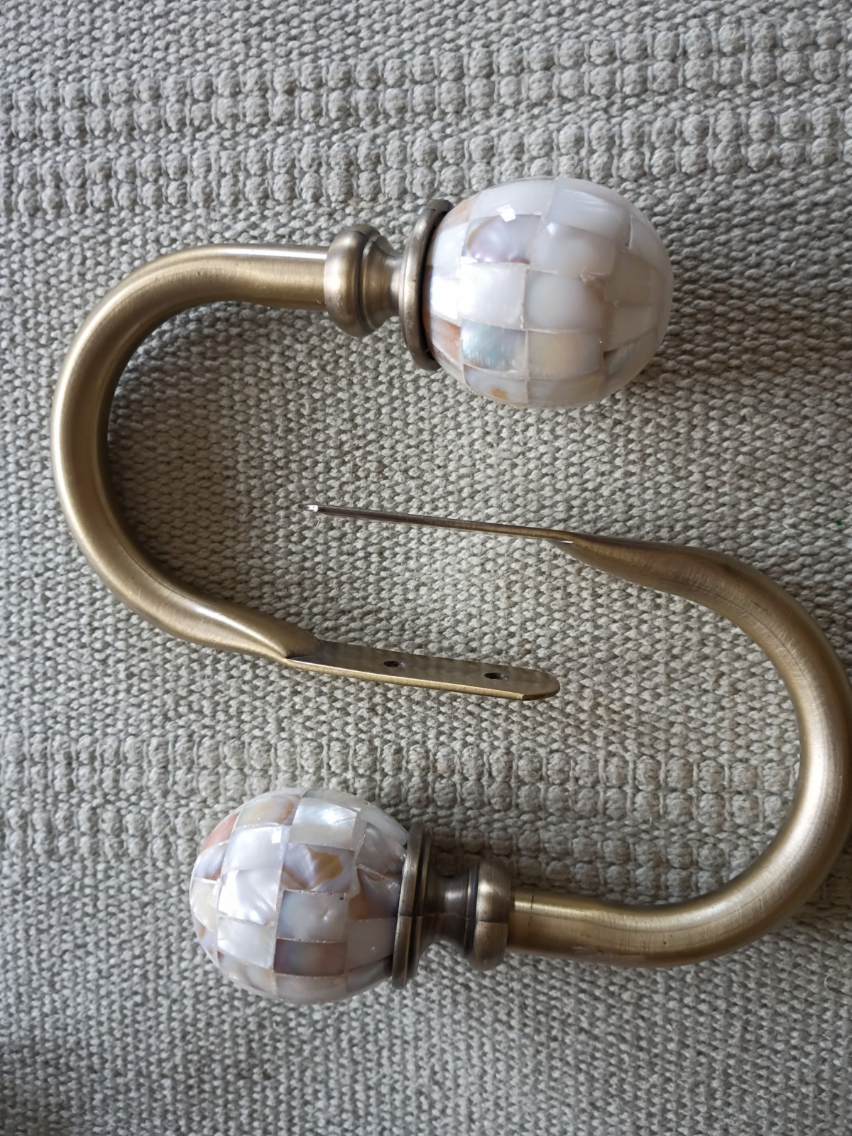 Pair Vtg Curtain Tiebacks Holdbacks Faux Mother of Pearl Aged Brass