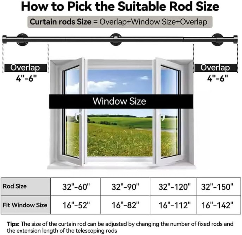 Heavy Duty Curtain Rods 32-150 Inch, 1 Inch Adjustable Black Curtain Rod for Win