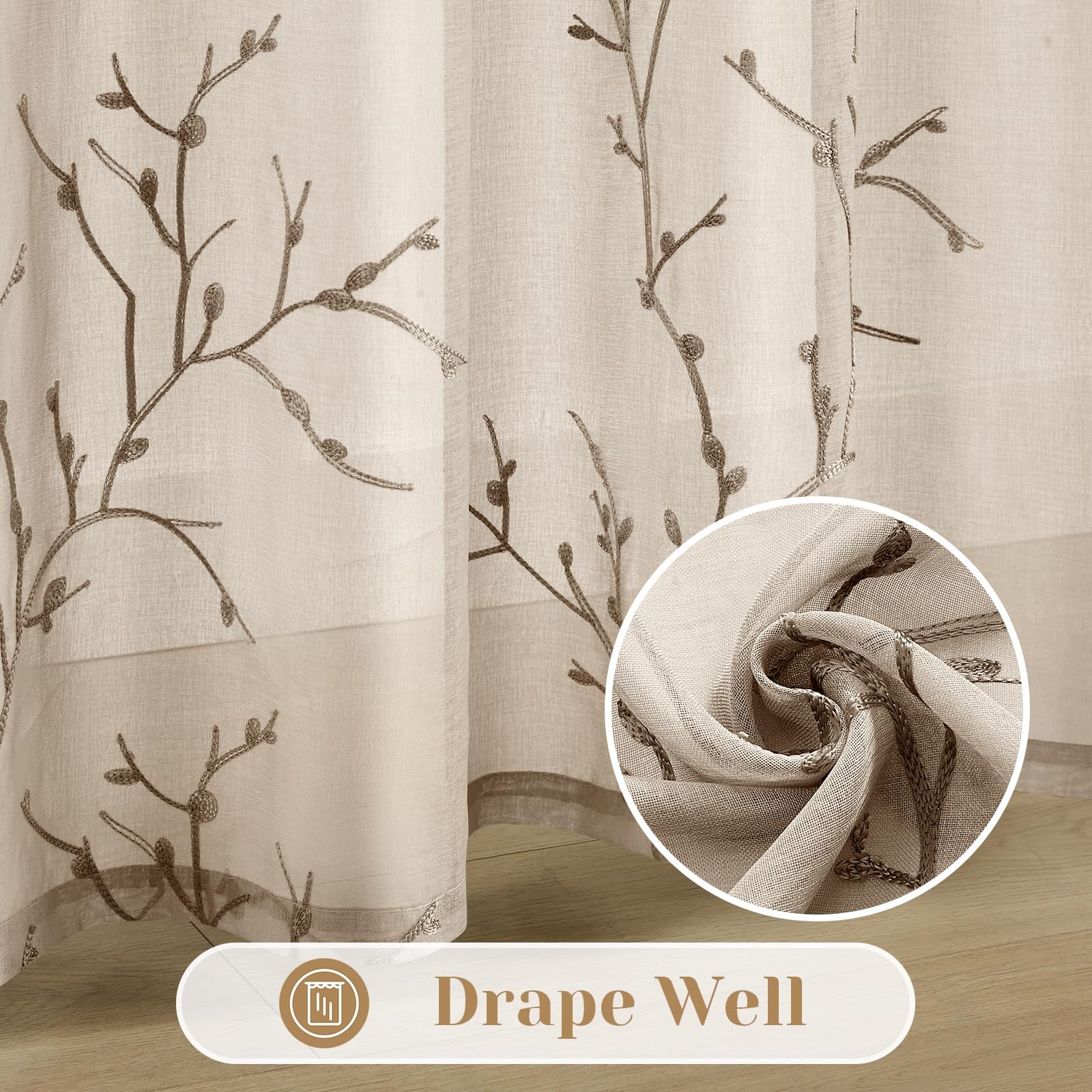 Taupe Sheer Curtains 52 X 84 Inches Length 2 Panels Embroidered Branch Patter…