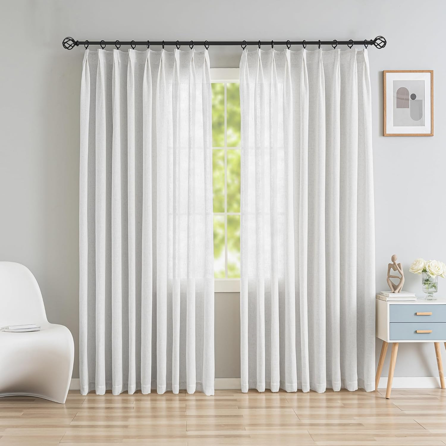 Light Filtering Pinch Pleated Faux Linen Curtain Panel 54×96 Inch White