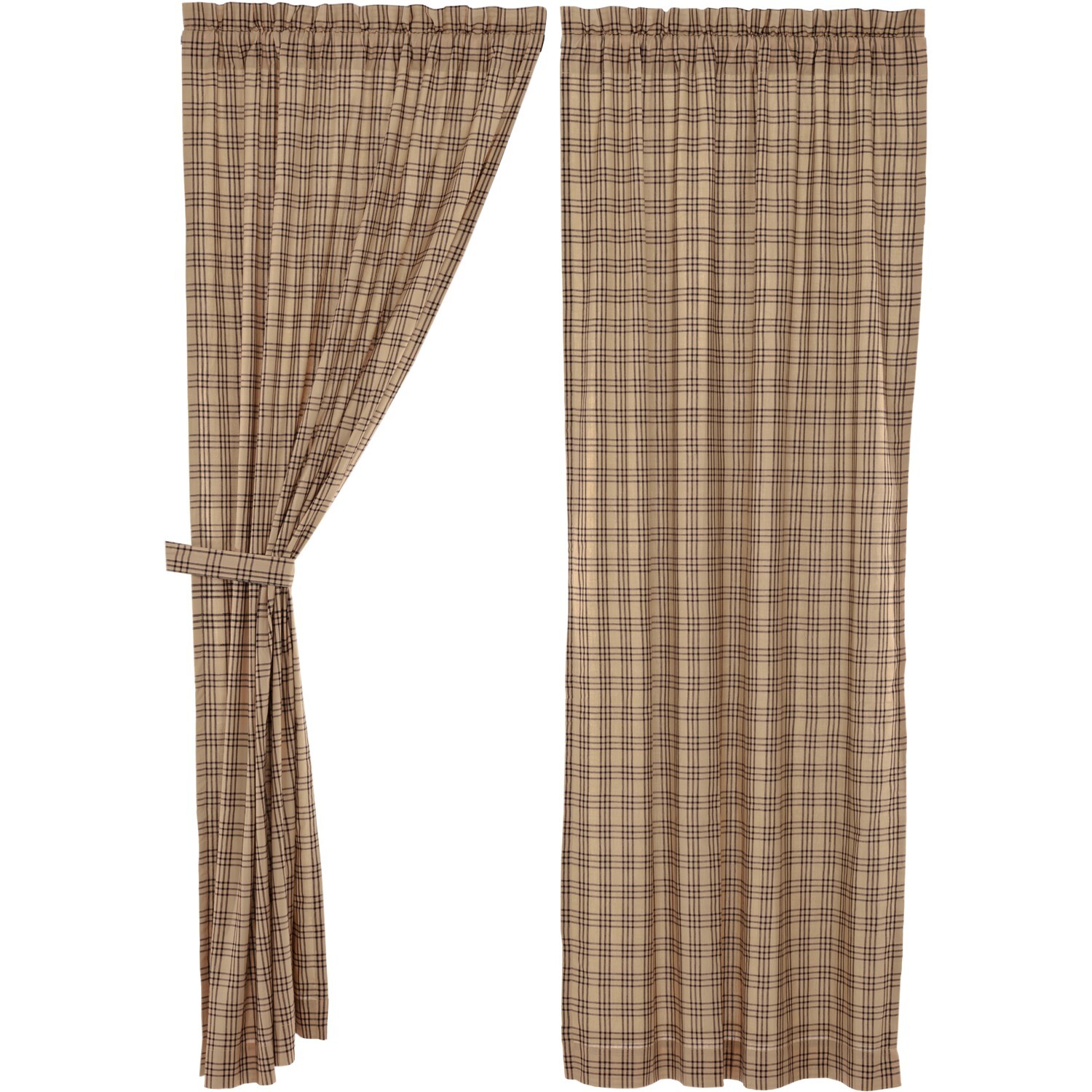 New Country Primitive Farmhouse OAT BLACK PLAID CHECK PANELS Drapes Curtains 63″