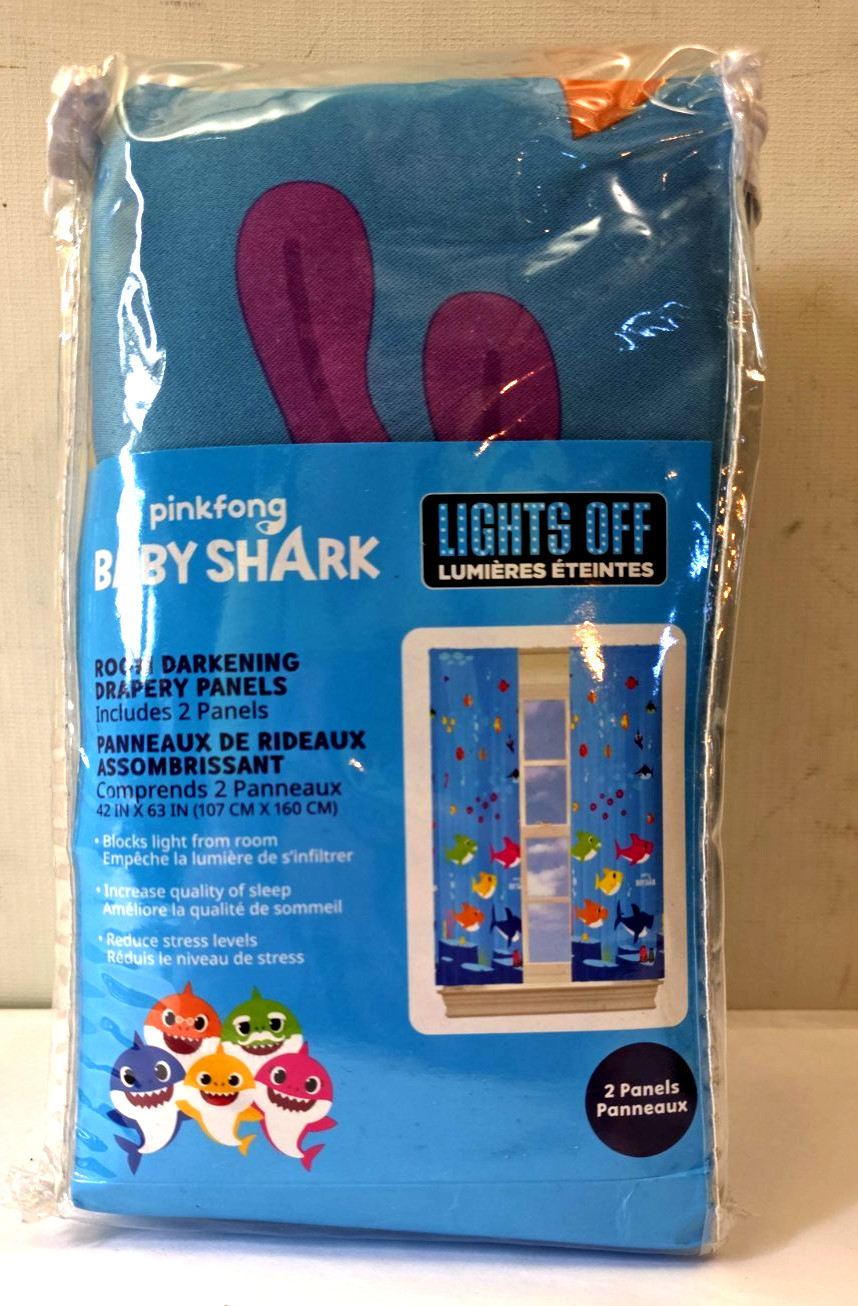 Pinkfong Baby Shark Window Panels Set Franco 2 Blue 41×63 Kids Room Curtains