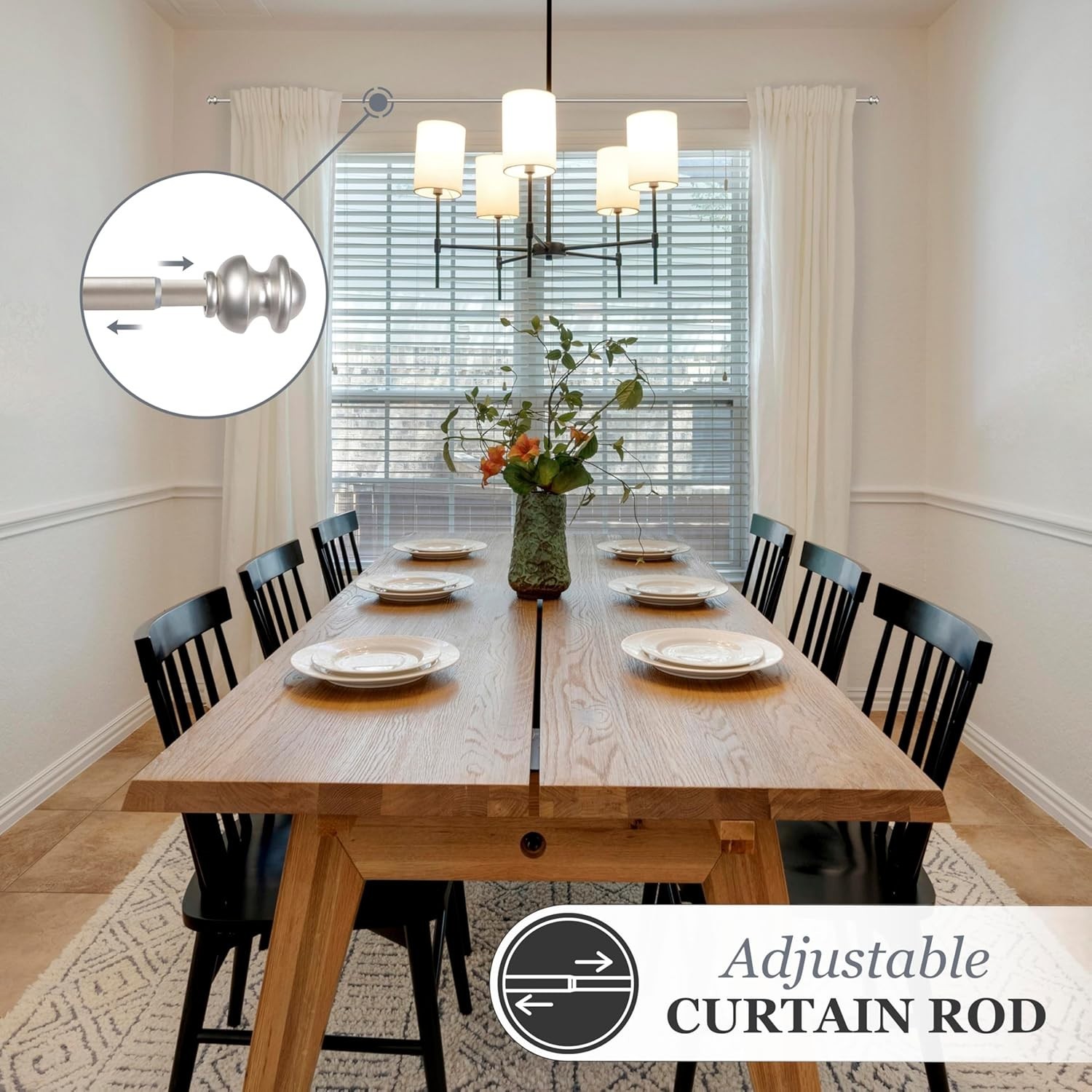 Stylish 28-48″ Adjustable Curtain Rod with Decorative Finials in Brushed Nickel