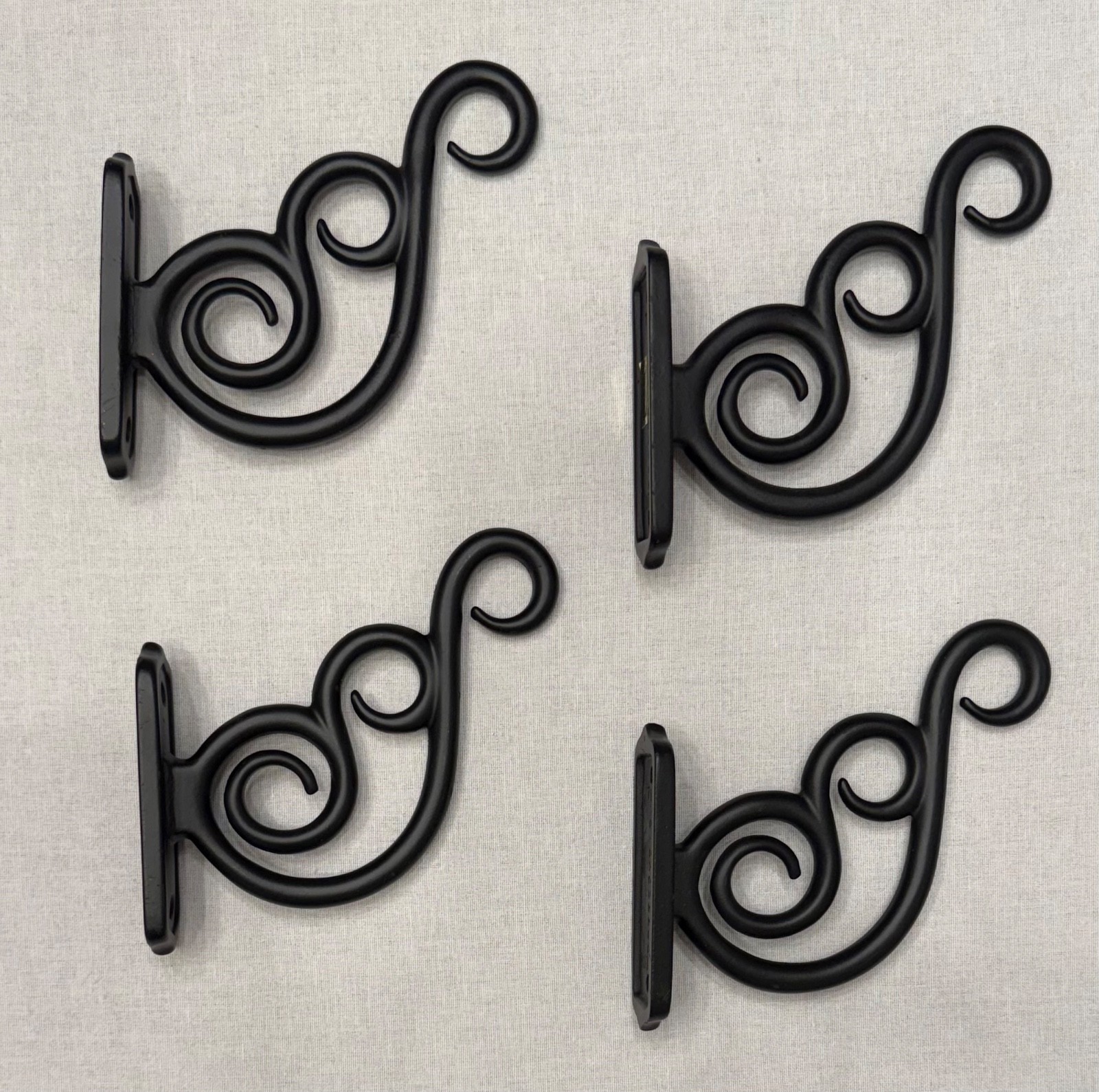 4 POTTERY BARN SWIRL SCROLL WALL BRACKETS OR CURTAIN ROD HOLDERS BLACK IRON