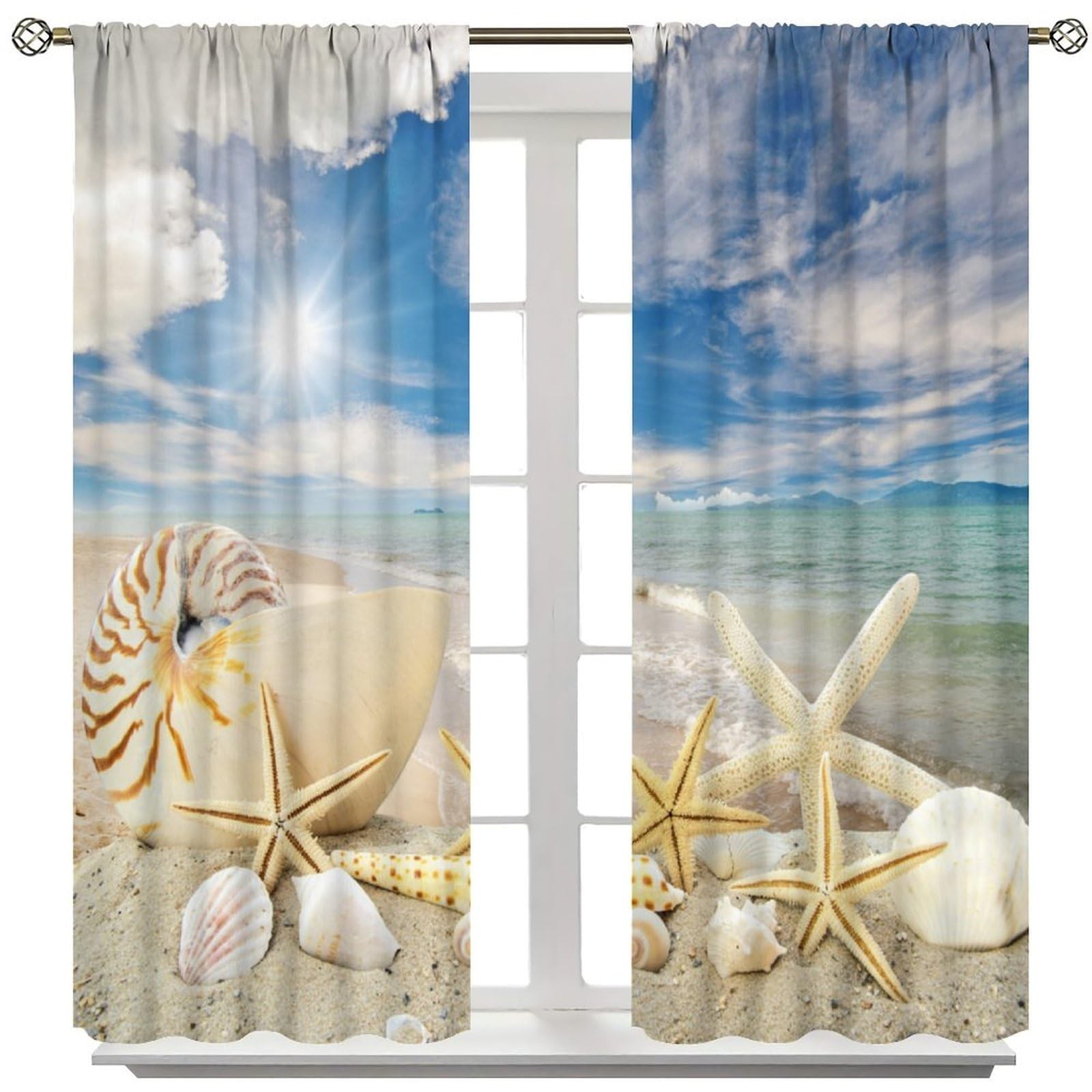 Summer Beach Window Curtain, Starfish Shells Holiday Seaside Print Curtain fo…