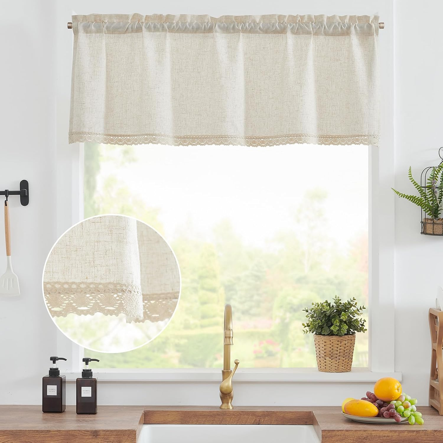 jinchan Linen Valance with Lace Trim Farmhouse Rustic Valance Curtain for Window