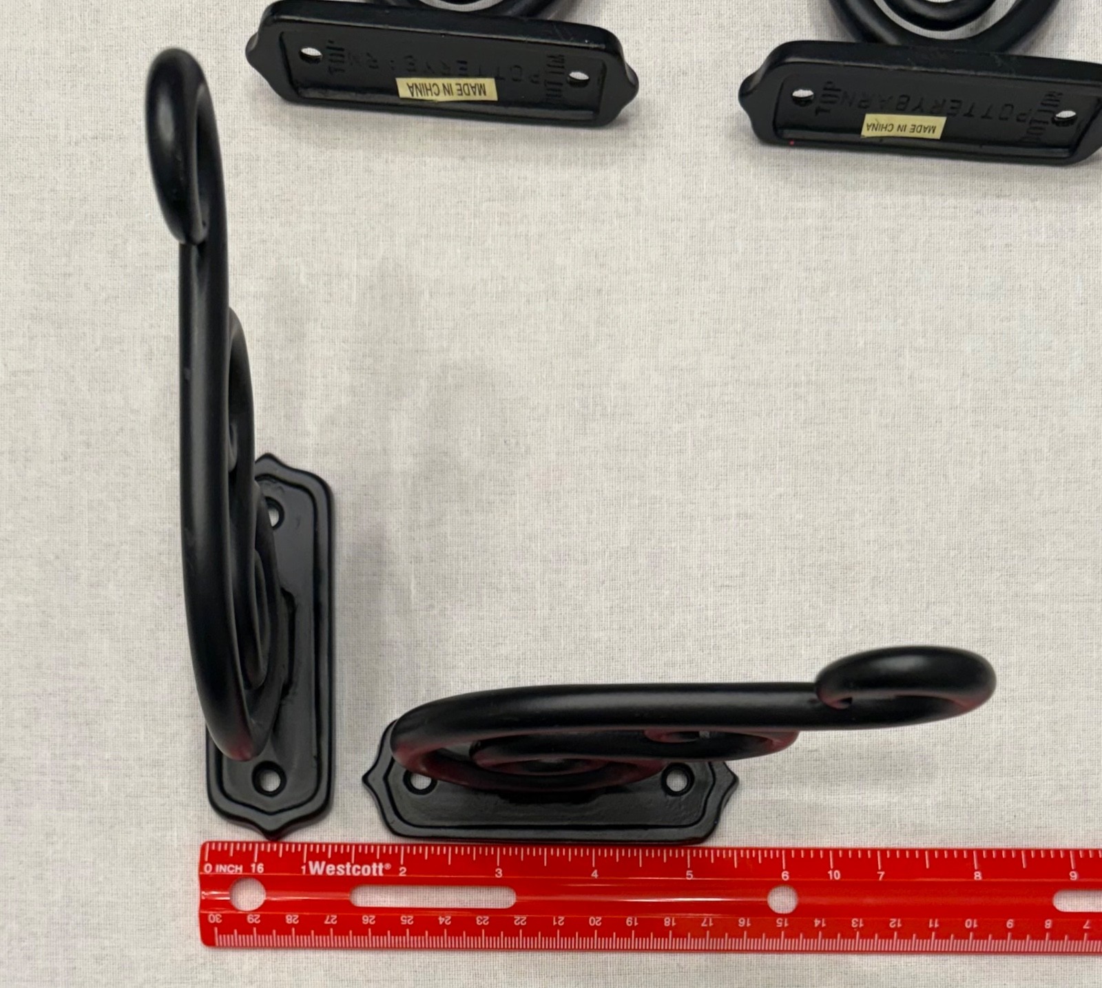 4 POTTERY BARN SWIRL SCROLL WALL BRACKETS OR CURTAIN ROD HOLDERS BLACK IRON