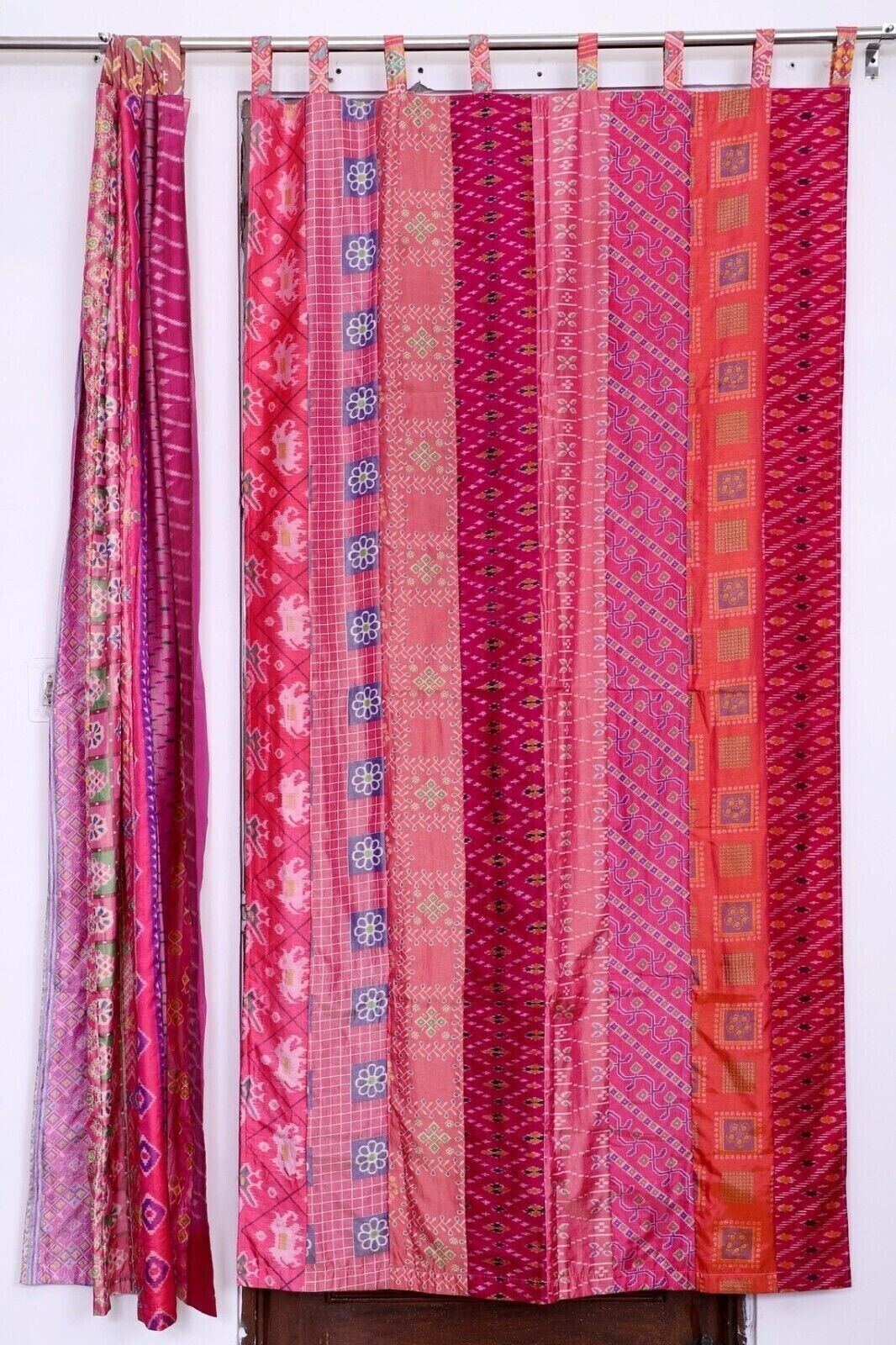 2 Pcs Indian Sari Patchwork Curtain Drape Window Decor Pink Silk Sari Curtain