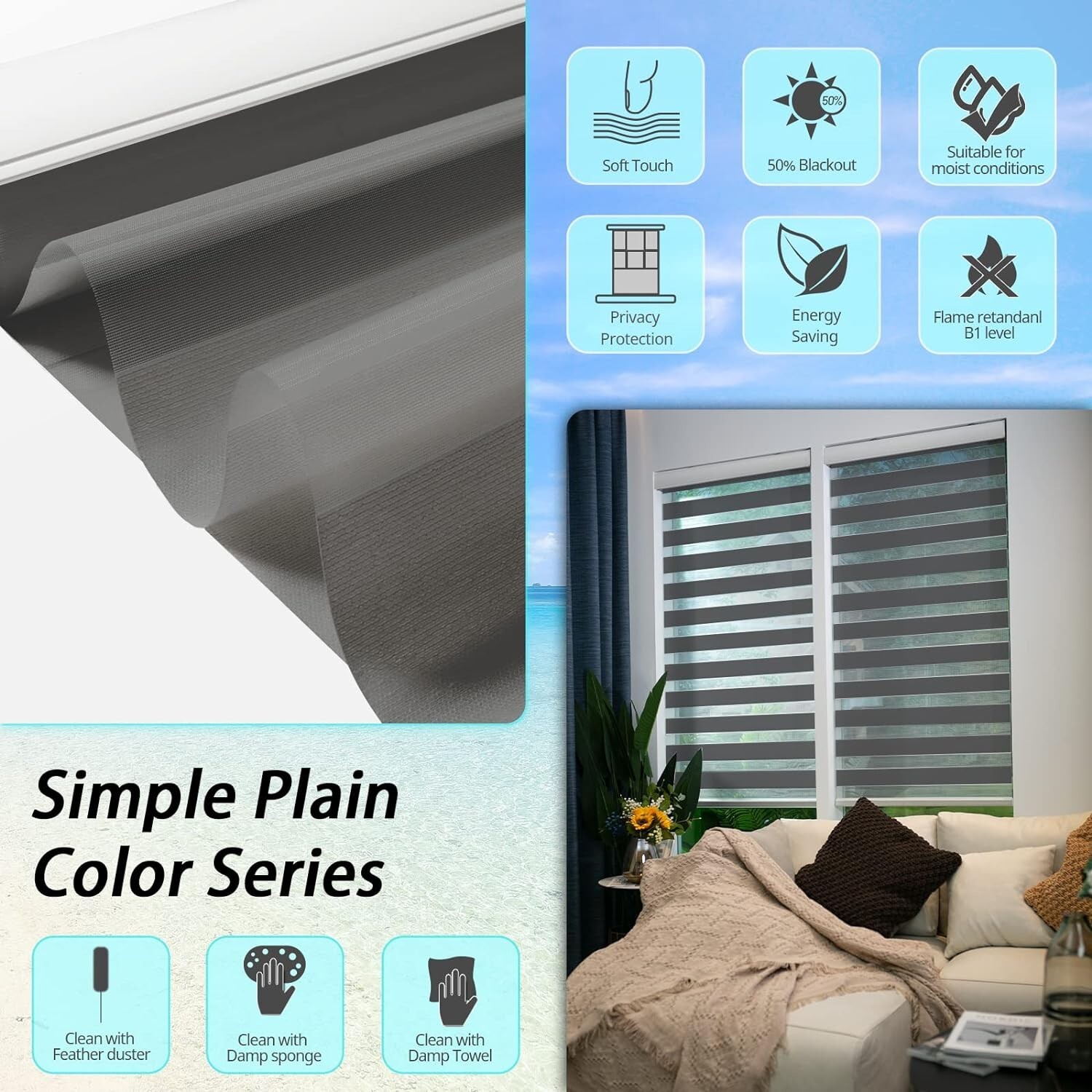 *NEW* CITOLEN Motorized Zebra Smart Blinds, Integral Valance 34”Wx72”H *GRAY*