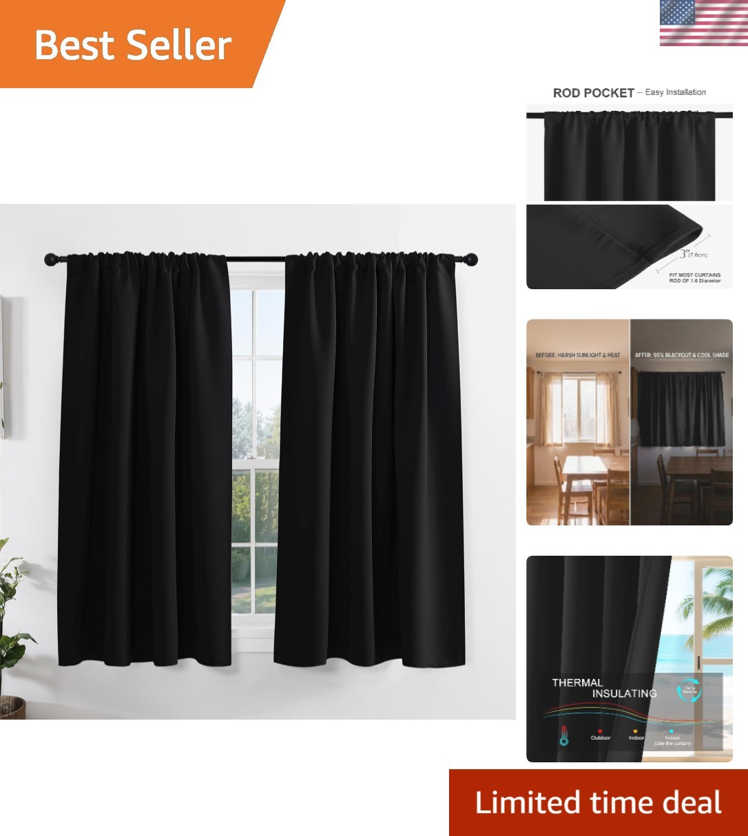 Elegant Blackout Window Curtains, 42″ W x 45″ L – Thermal Insulated Drapes