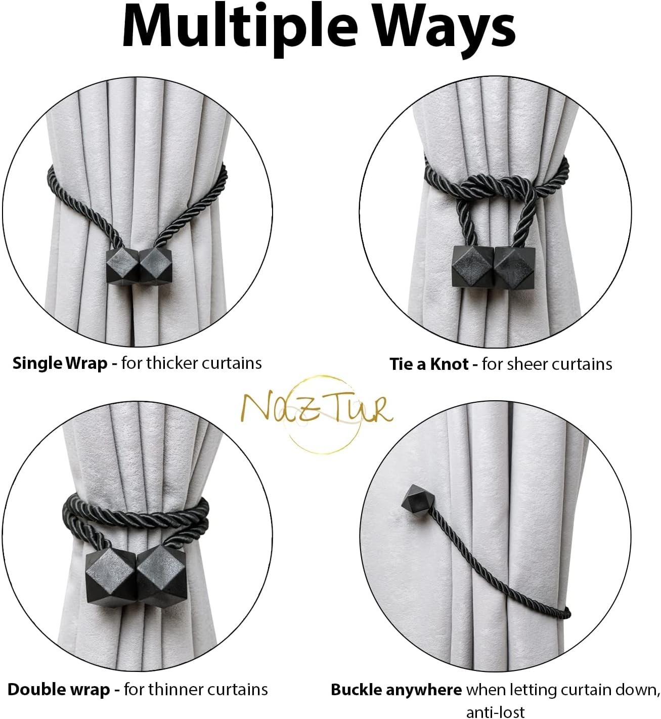 Upgraded 2022 Magnetic Curtain Tiebacks with Nickel Finish – 4 Pack in Black
