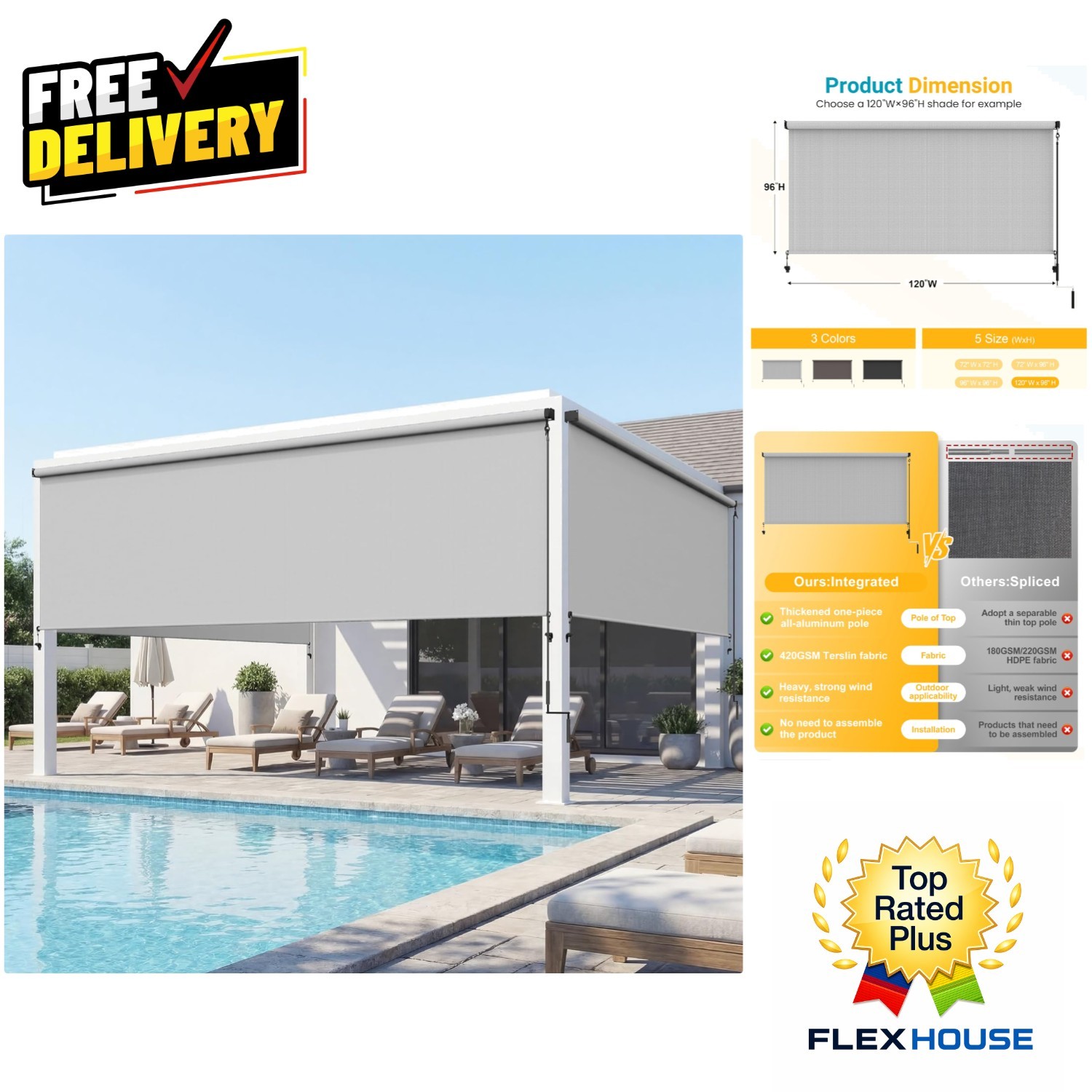 Elegant Outdoor Roller Shade 6’Wx6’H – 420GSM UV Blockout & Cordless Design