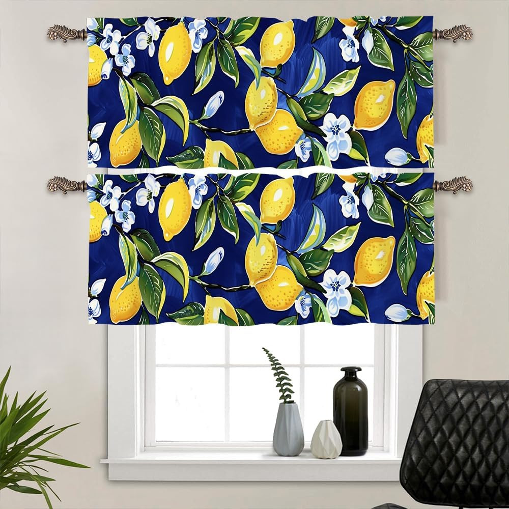 2 Panel Blue Floral Yellow Lemon Window Valances, Nature Food Fruit Window Treat
