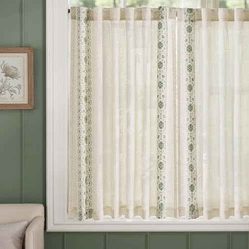 Small Window Curtains 45 Inch 54″W x 45″L (Pack of 2) Floral| Sage on Beige