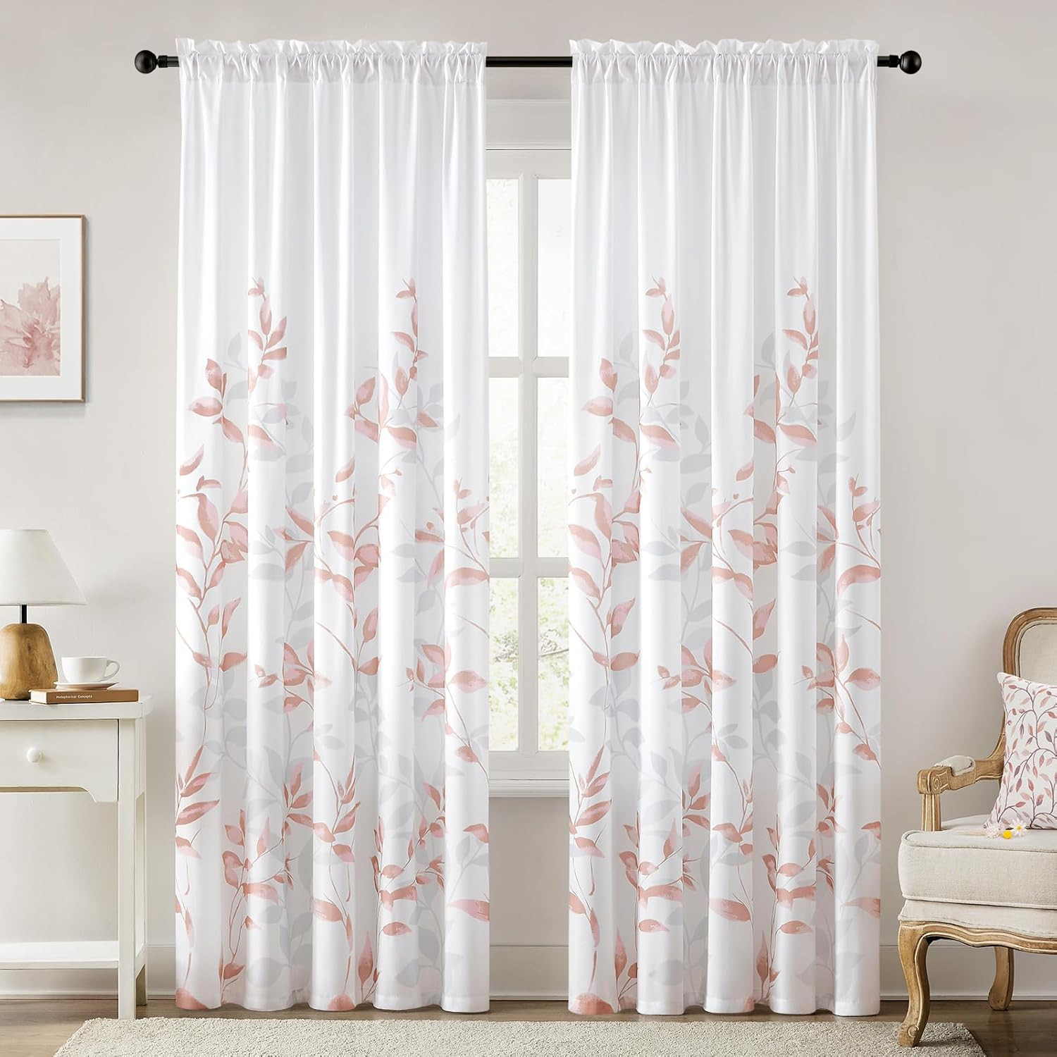 Non-See-Through Pink and White Privacy Sheer Curtains 52 X 96 Inches Long 2 Pane