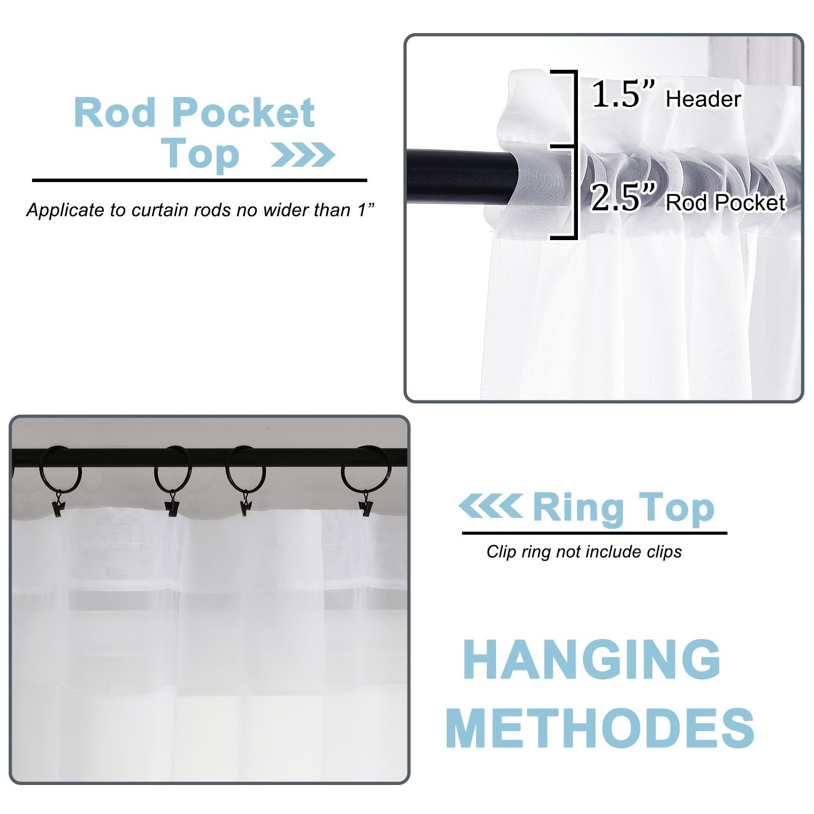 Sheer White Curtains, Sheer Curtains 90 inches Long 2 Panels Set, Rod Pocket