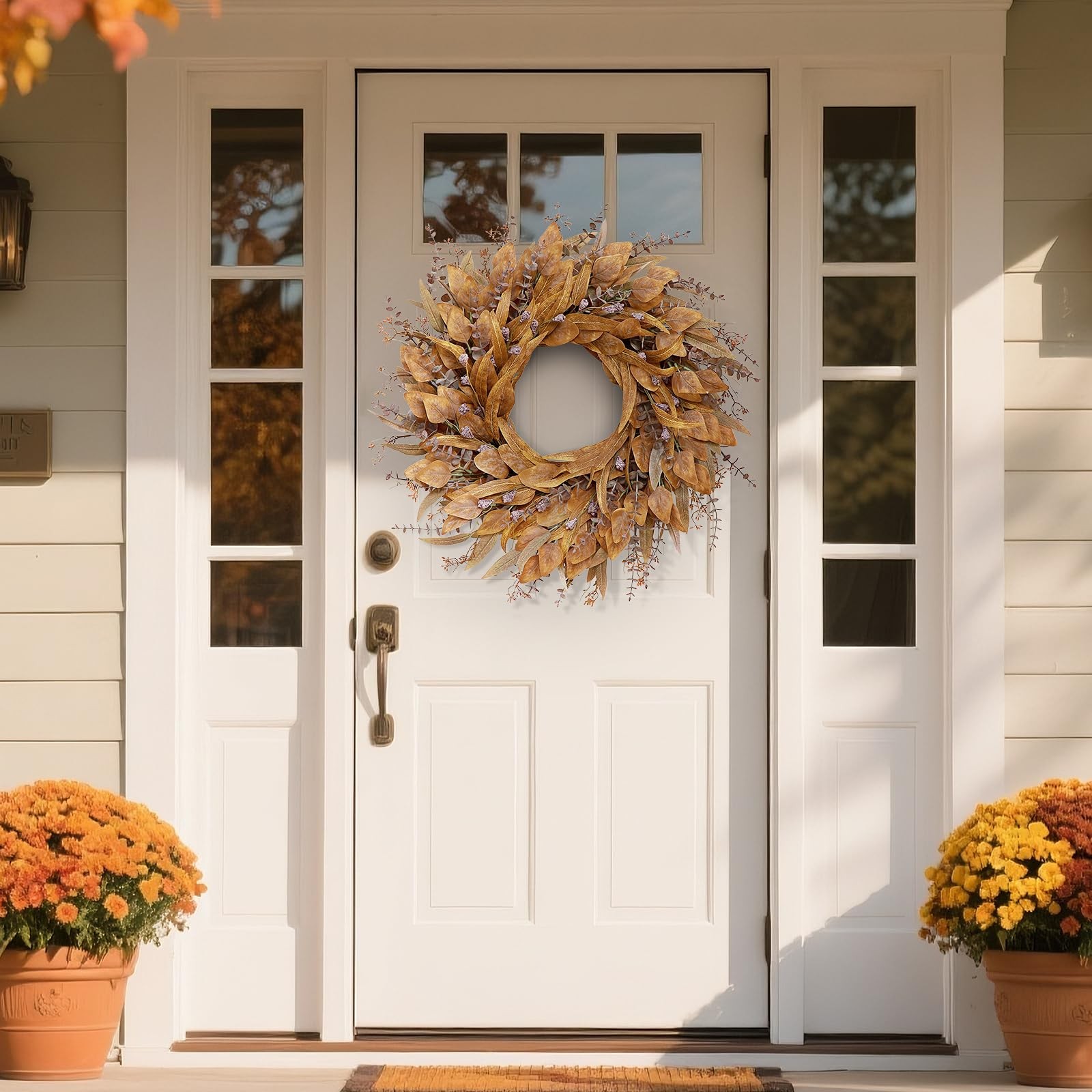 26” Eucalyptus Wreath for Front Door – Autumn Large Artificial 26 IN, Orange