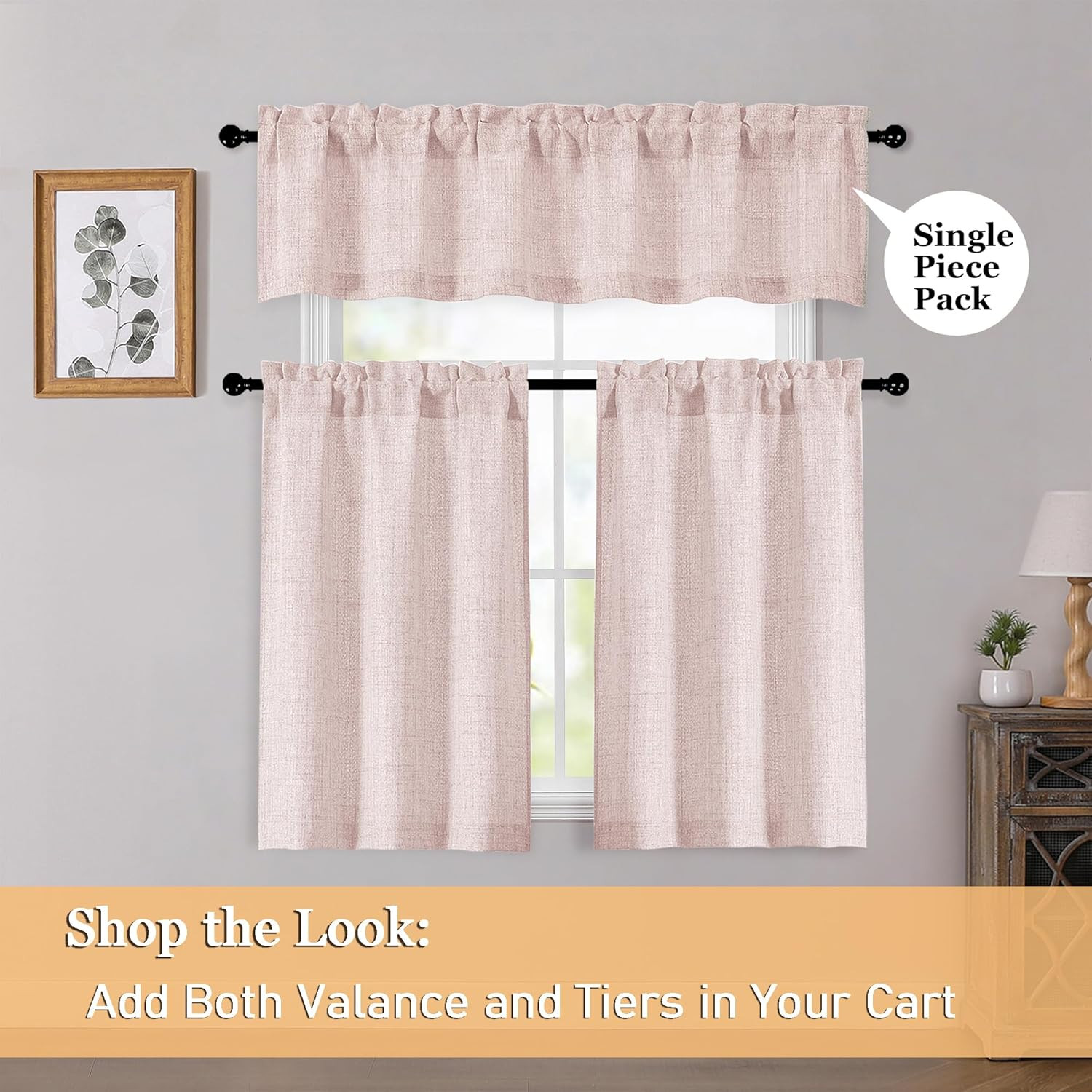 Blush Pink Valances for Windows 1 Pcs 24 Inch Length, Light Filtering Textured S