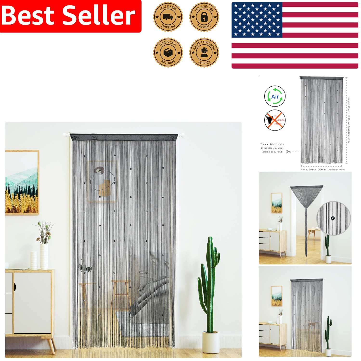 Beaded String Curtain Grey Boho Room Divider Doorway Window Privacy Panel 39×110