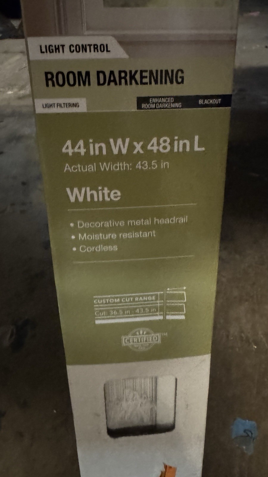 1in Deluxe Vinyl Blind 44×48 White Room Darkening Cordless Custom Cut