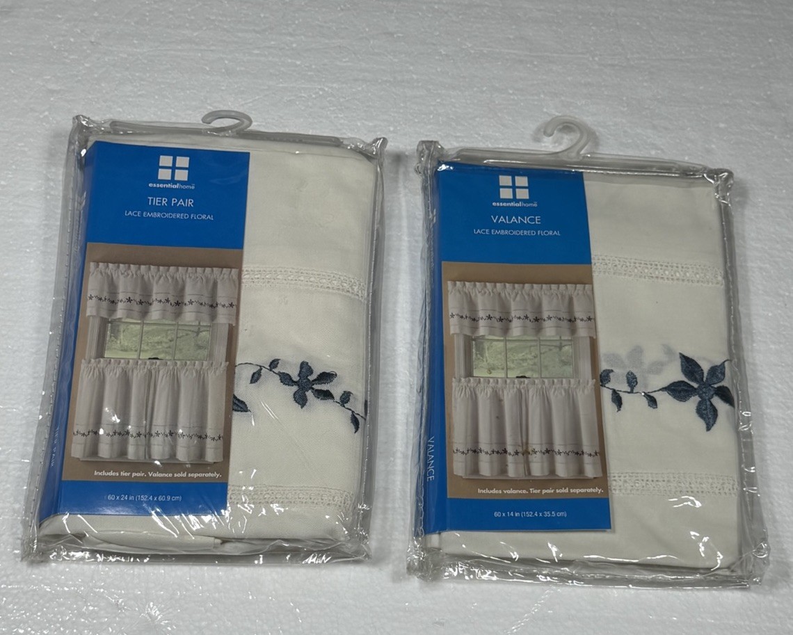 EssentialHome Valance &Tier Pair Lace Set Embroidered Floral Country Blue Ivory