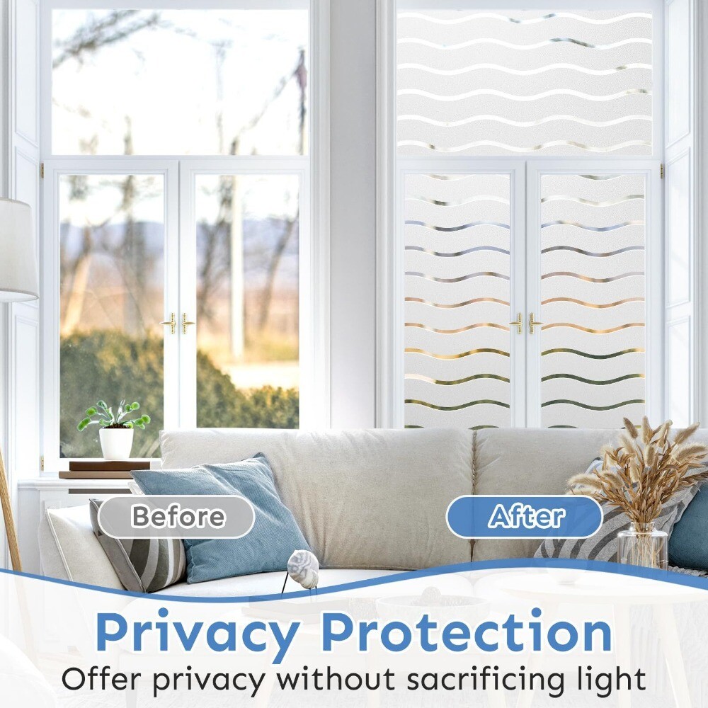 rabbitgoo Privacy Window Film Wave Decorative Striped Static Cling Glass Sticker