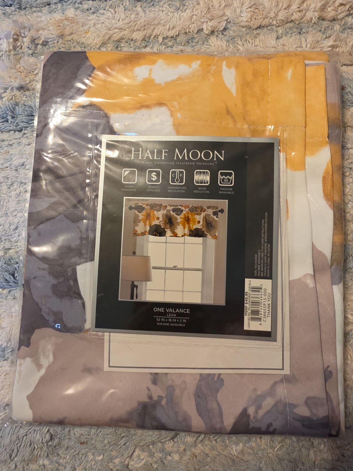 HALF MOON VALANCE ‘LEAH’ GREY & YELLOW FLOWERS. 52″ x 18″ x 2″ NWT