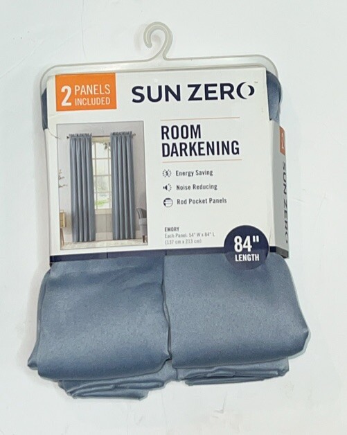 Sun Zero Blue Emory Room-Darkening Rod-Pocket Curtain Panel Pair, 54″x84″