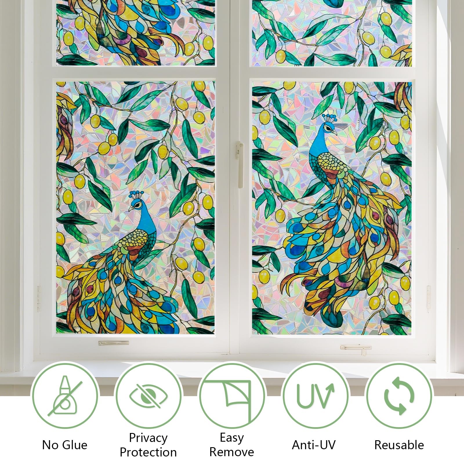 Window Privacy Film, Stained Glass Sticker Floral Window Clings, 17.5” x 78.7”