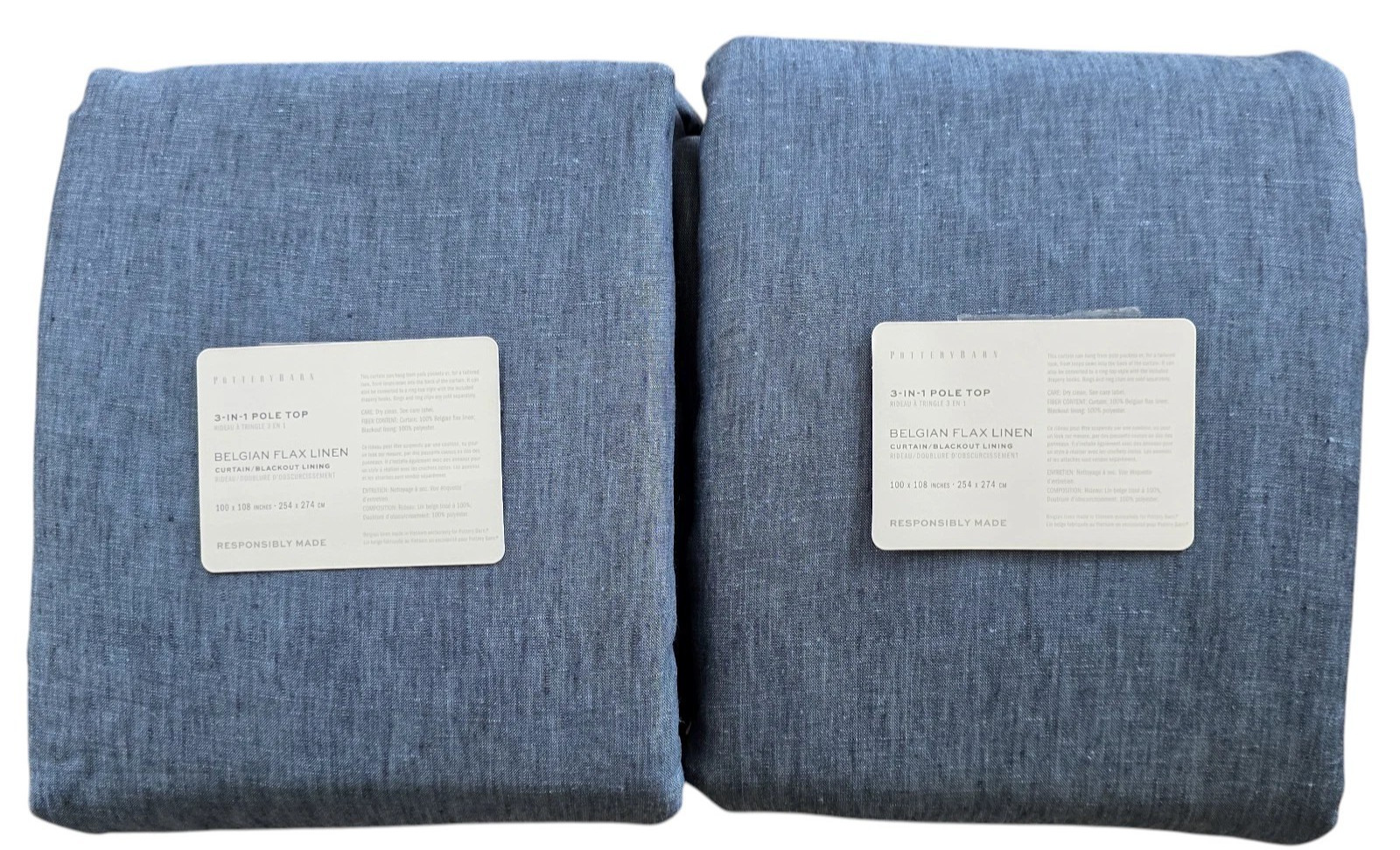 2 Pottery Barn Belgian Flax Linen Blackout Curtains Denim 100×108 Blackout TWO