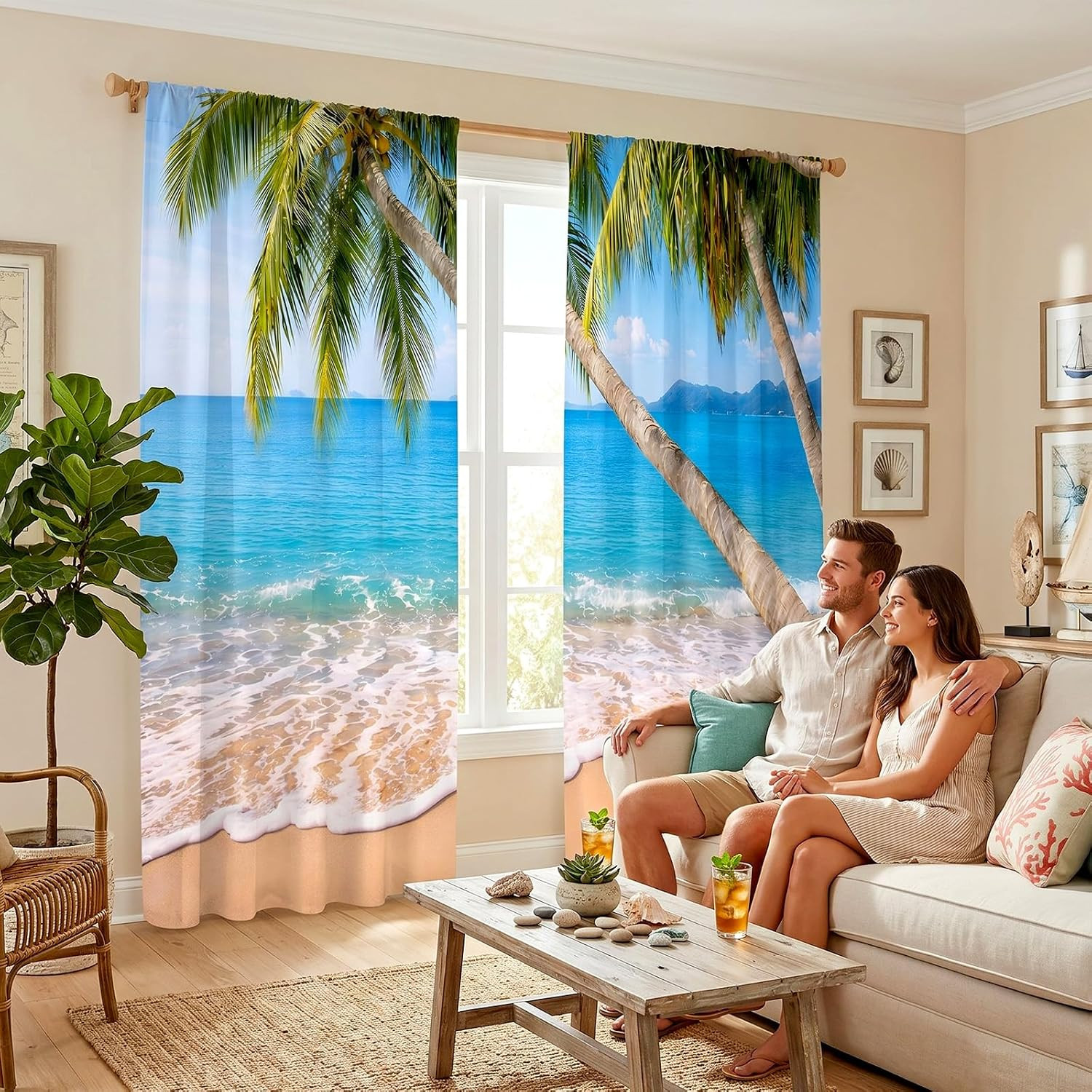 Tropical Beach Palm Tree Window Curtains 2 Panel Set 52 x 84 Inch Polyester