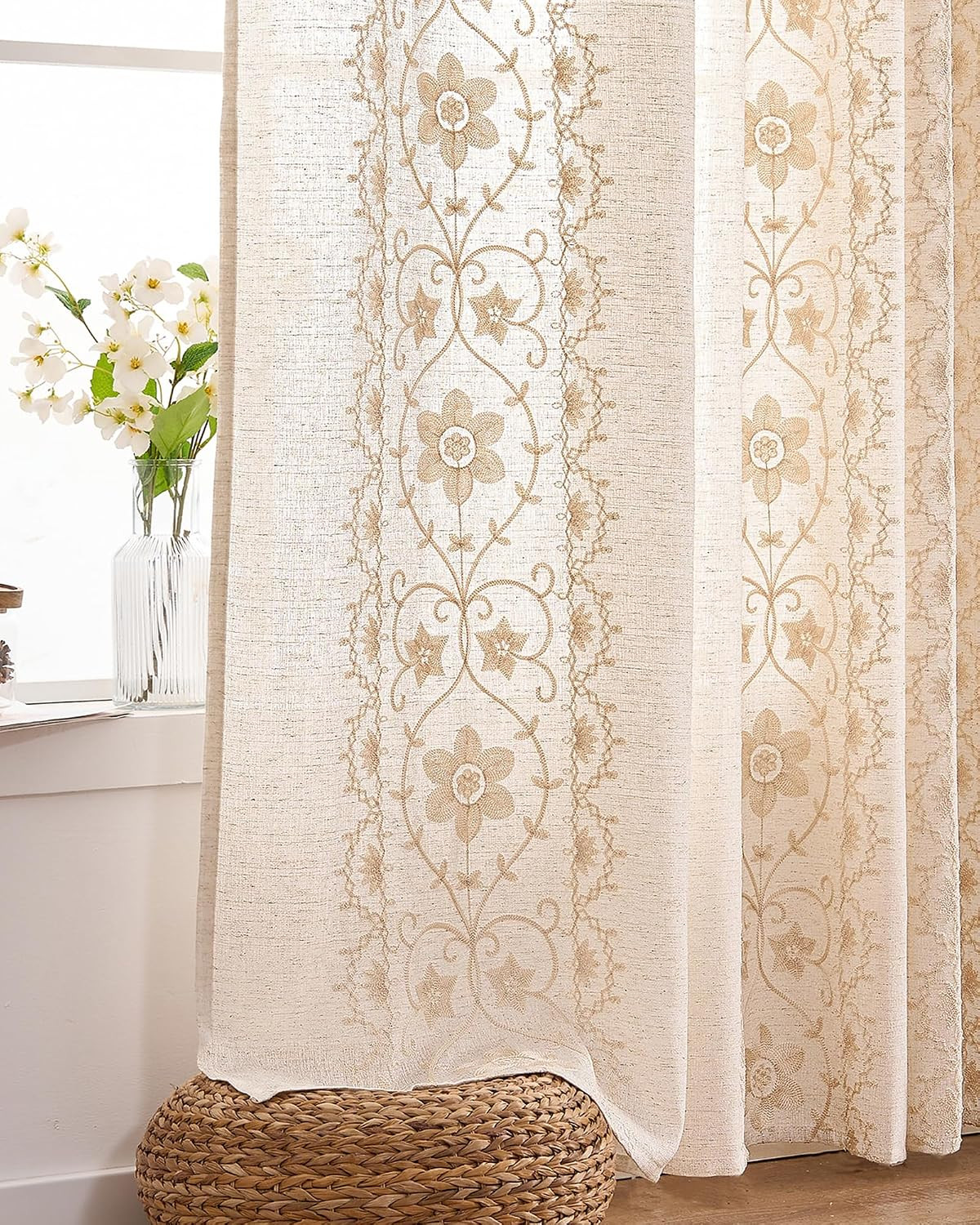 Boho Curtains 2 Panels for Living Room Ivory Vintage Floral Embroidered