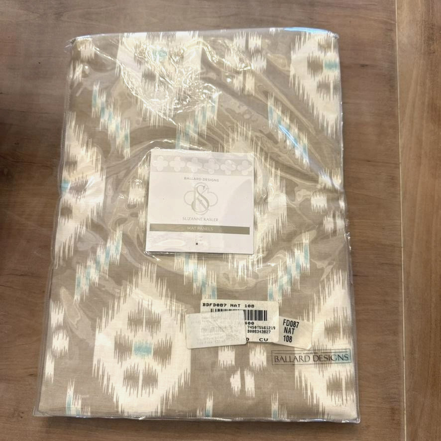 NIB Ballard Designs Suzanne Kasler Ikat Curtain Panel 108in Natural Aqua Linen