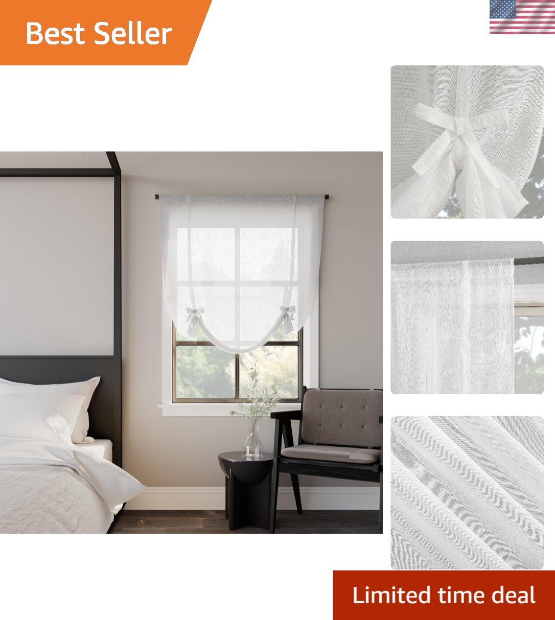 Window Curtain Tie up Balloon Shade Linen Blend Semi-sheer 40×63 White