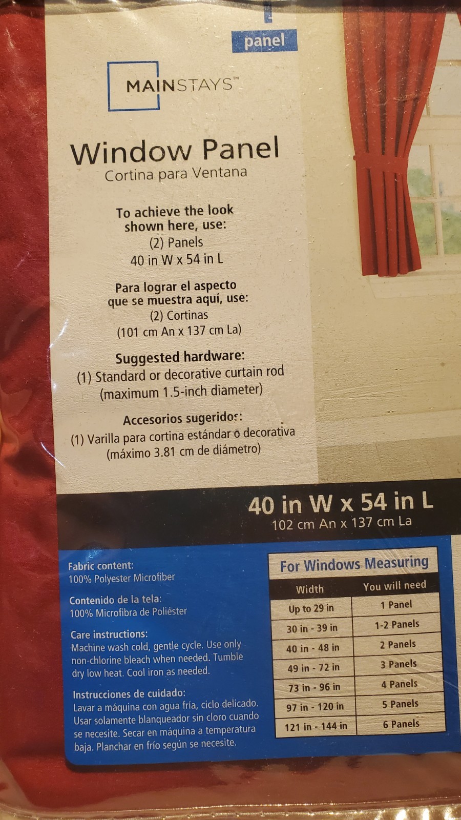 Window (1) Panel & Tieback Mainstays Red Sedona 40″ W x 54″ L NIB Microfiber