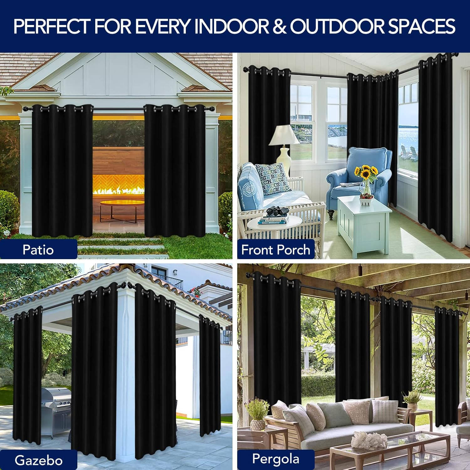 Cortinas exteriores impermeables de 52 x 84 negro 1 panel para patio gazebo