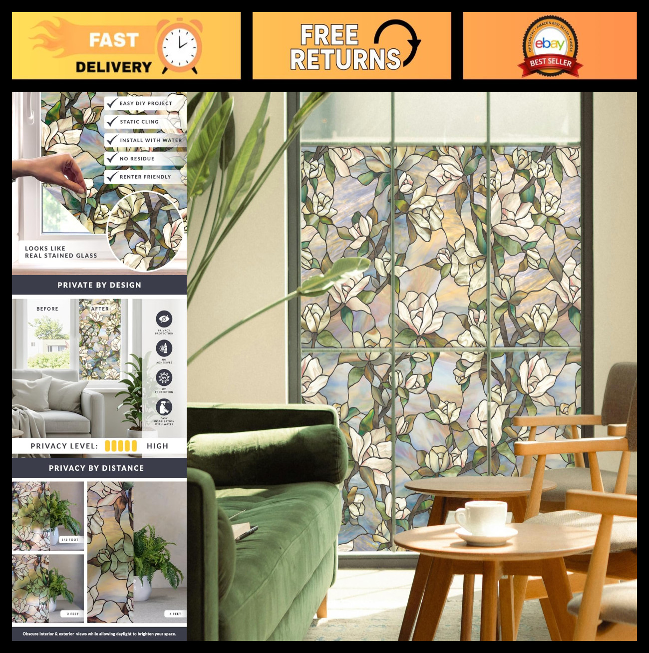 Vibrant Star Magnolia Privacy Window Film | Non-Adhesive UV Protection | 24×36