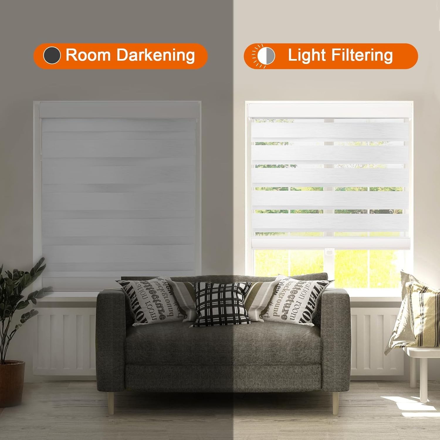 Cordless Zebra Blinds 40″W x 72″H White Dual Layer Free-Stop Blackout