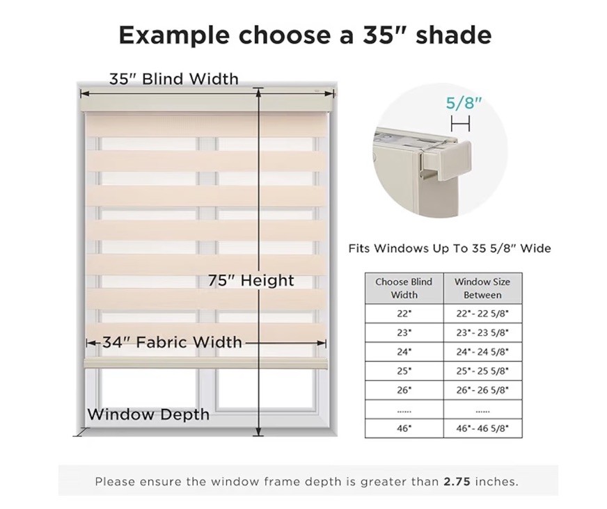 NEW Joydeco No Drill Zebra Blinds – Beige 34″W x 75″H – 2025 Version Cordless