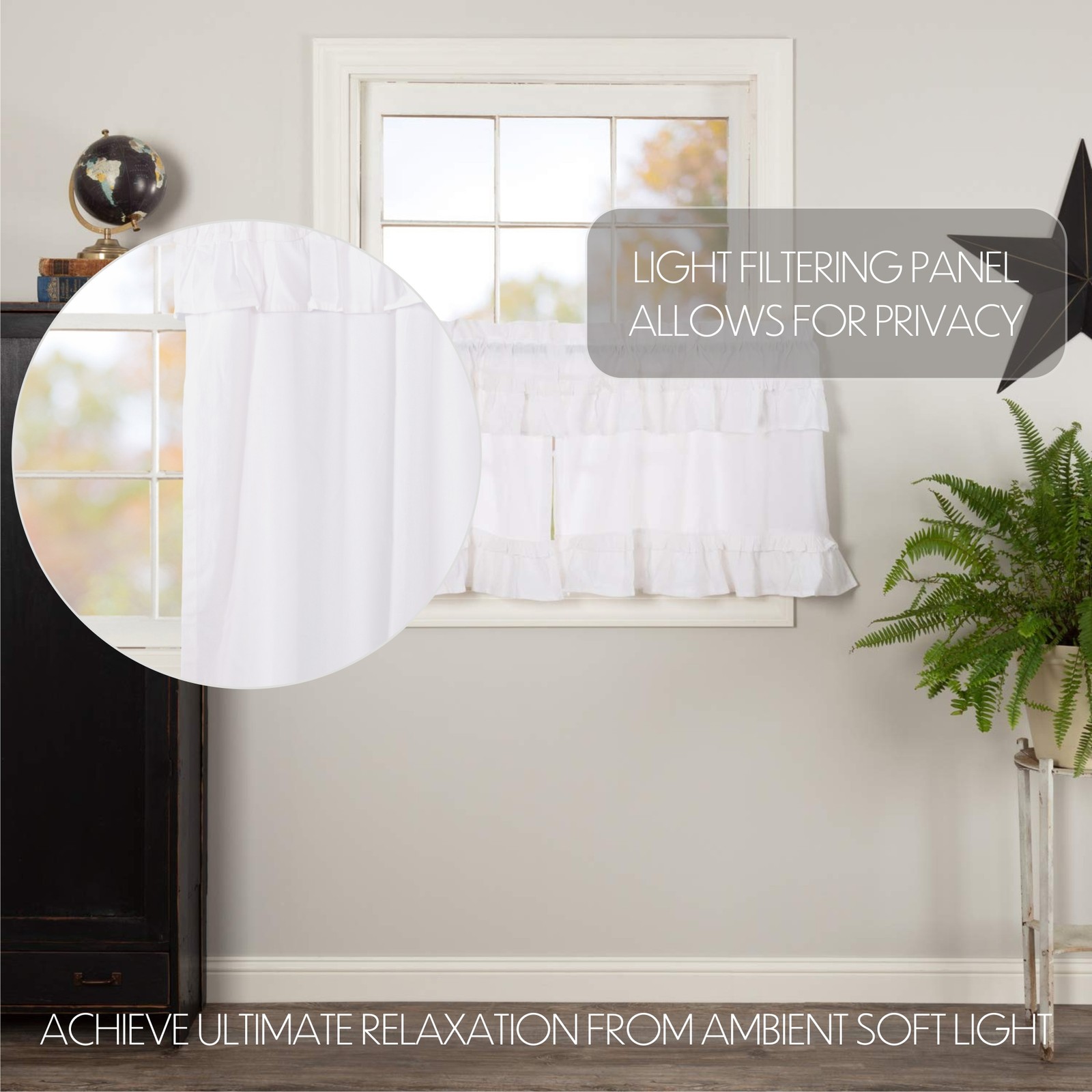 Muslin Ruffled Bleached White Set (1 Valance 16×72 ; 2 Tier 24×36) VHC Brands