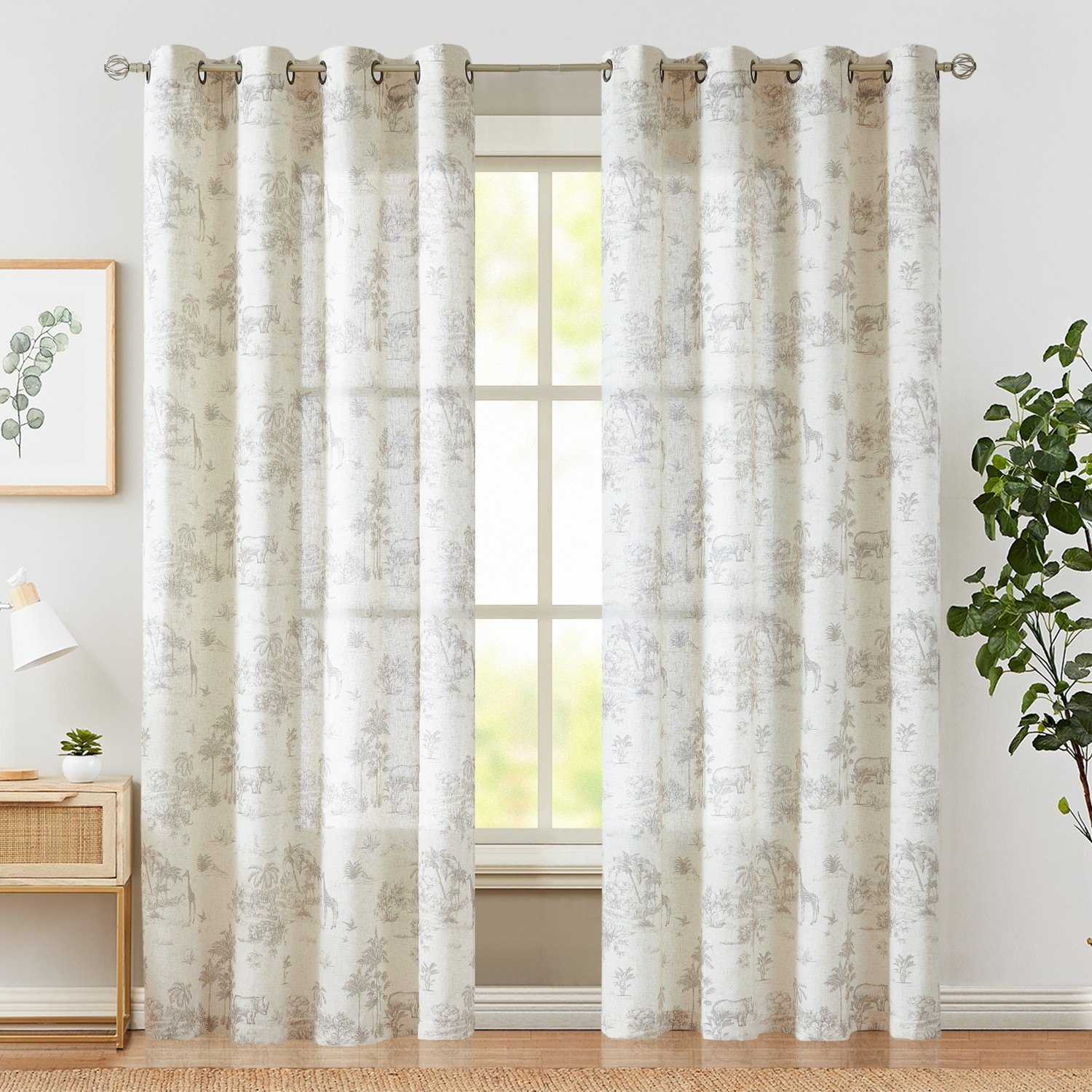 84 ” Long French Country Curtains Toile Printed Linen Sheer Drapes Grommet Grey