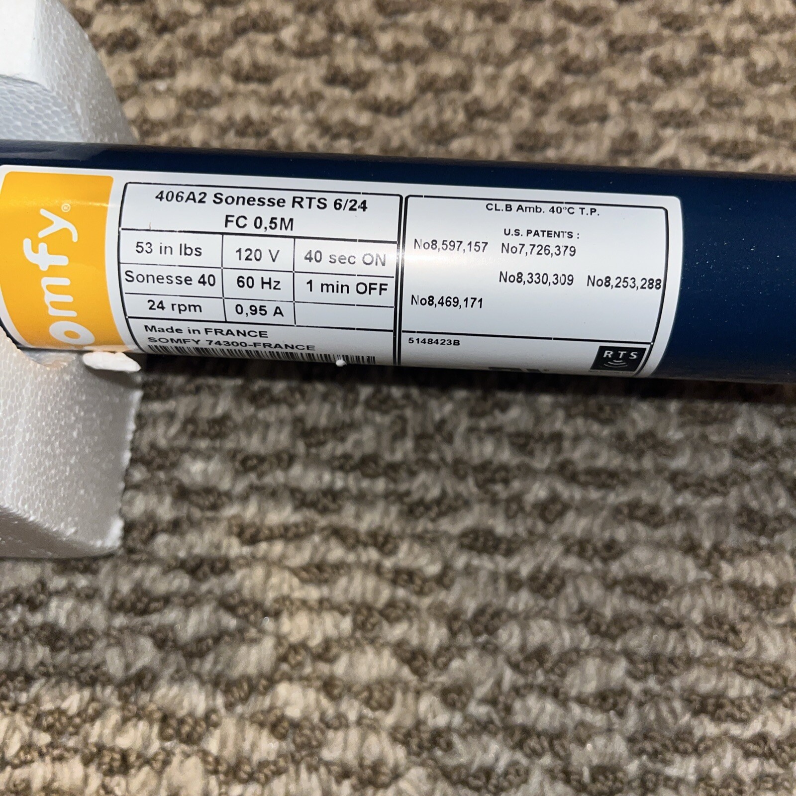 NEW SOMFY 406A2 SONESSE 40 QUIET TUBULAR SHADE MOTOR RTS 6/24RPM 1240381 20″CORD