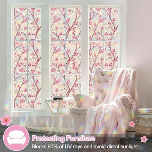 Stained Glass Window Film Privacy Static Cling Cherry Blossom 78.7 x 17.5 Inch