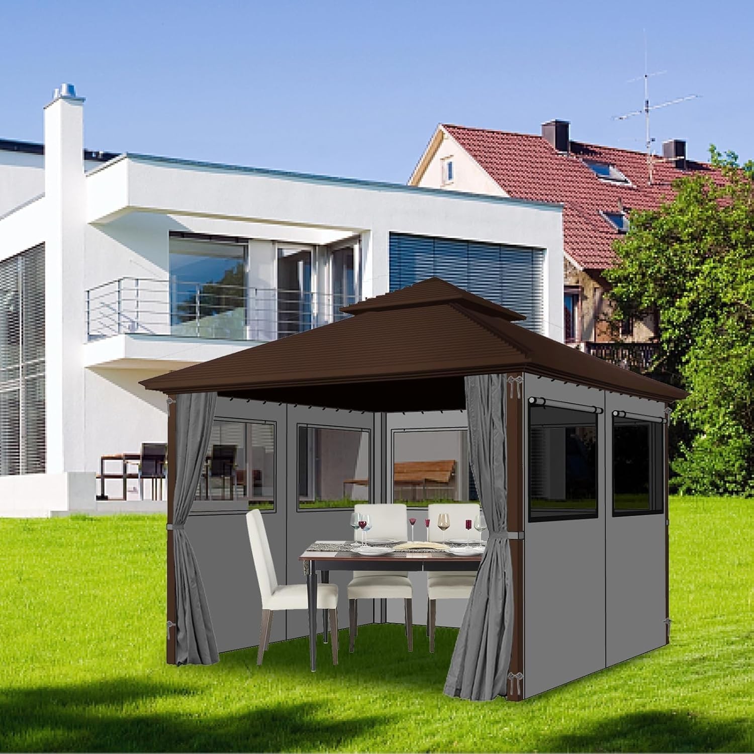 Universal 12’x12′ Waterproof Gazebo Privacy Curtains with Zipper & Mesh Windows