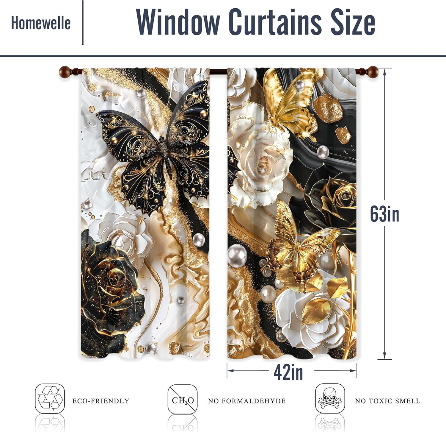 Black and Gold Butterfly Marble Curtains 42Wx63H Inch Abstract Modern Floral Flo
