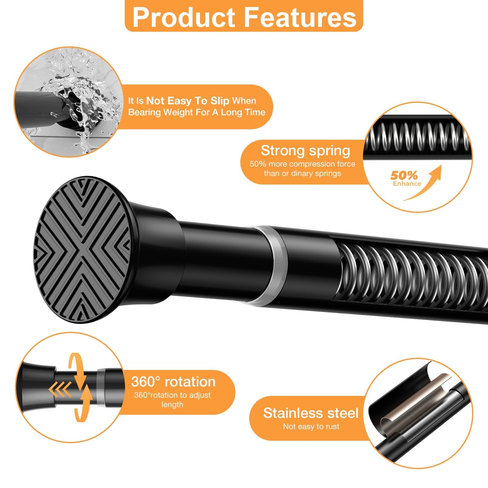Adjustable Tension Curtain Rods 30-62″ – No Drill, Expandable, Black – 2 Pack